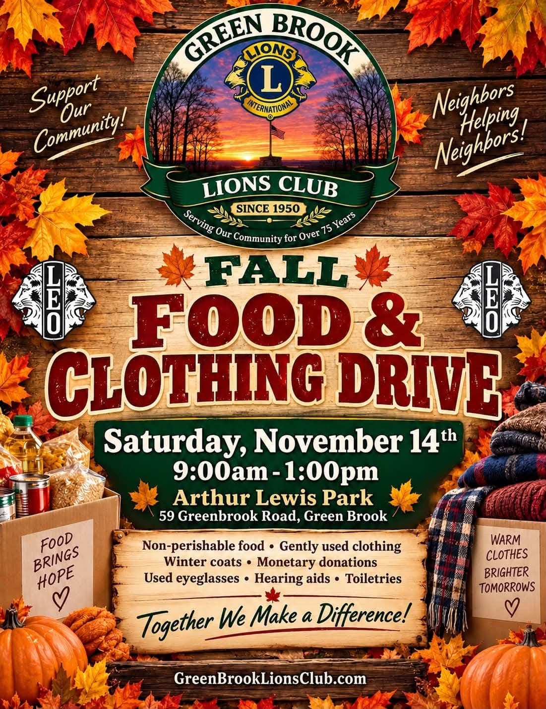 The Green Brook Lions Club will collect food, clothing and other donations at Arthur Lewis Park on November 14.